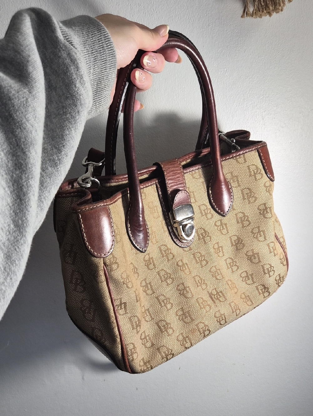 Y2K Dooney & Bourke Purse Brown Monogram wLeather Trim Shoulder Bag Vintage